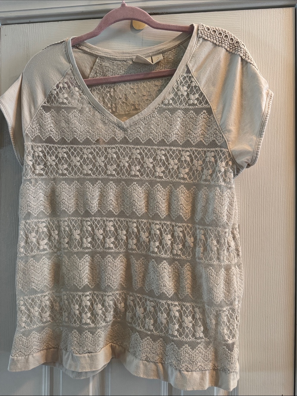 Chico's Cream Lace-Front V-Neck Short Sleeve Top